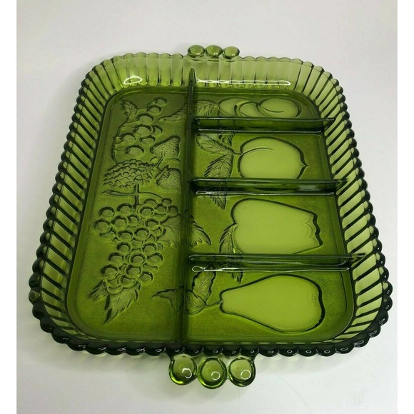 Vintage Olive Green Indiana Glass Divided Tray With Fruit Pattern Relish MidCent - Picture 6 of 9